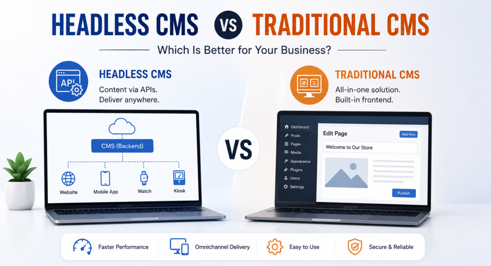 Headless CMS vs Traditional CMS comparison showing API-based and all-in-one content management systems.