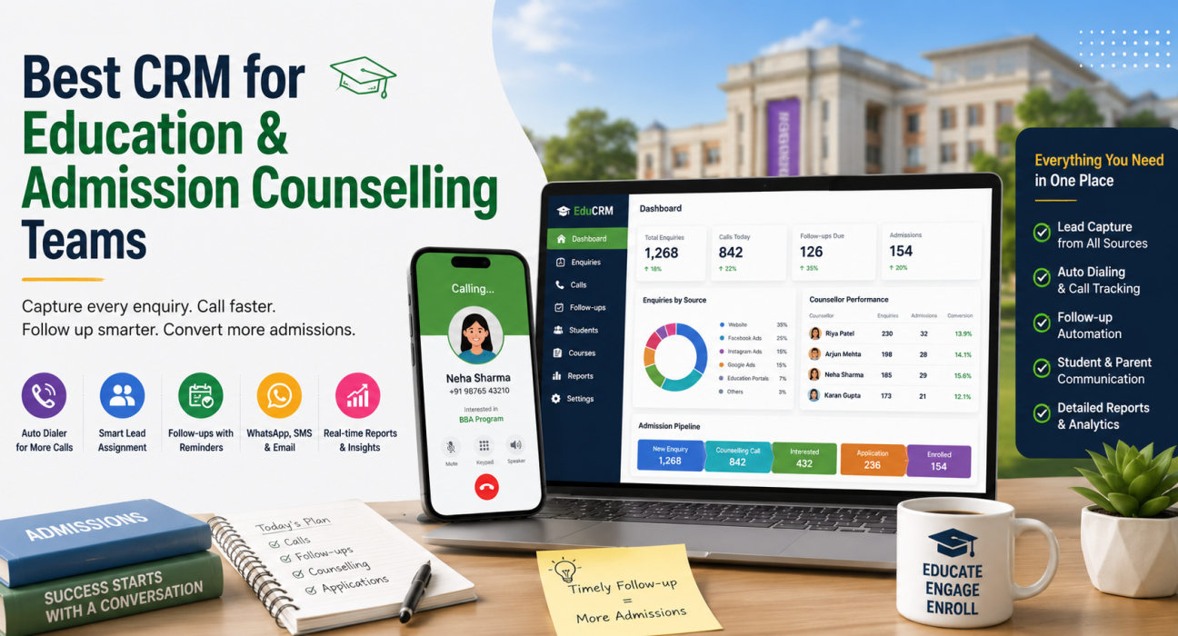 Education CRM dashboard with admission counselling, auto dialer, lead management, and follow-up features