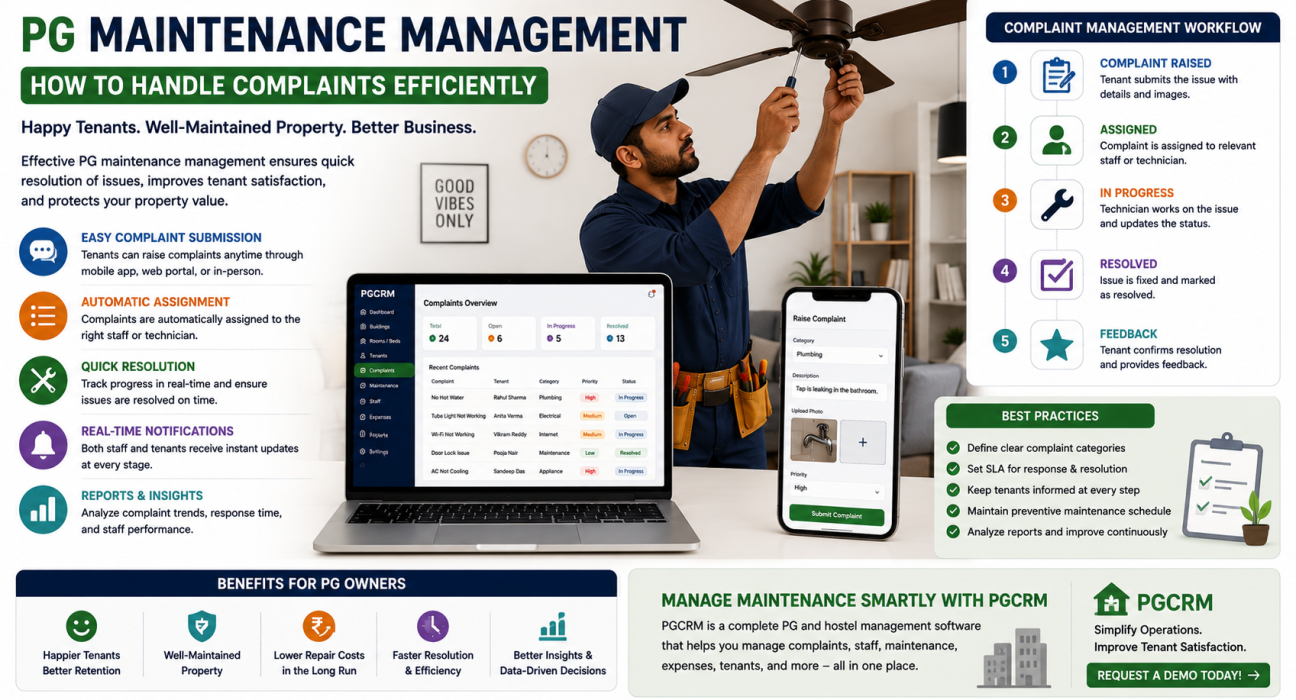 PG maintenance management system showing complaint tracking, maintenance workflow, and tenant issue resolution