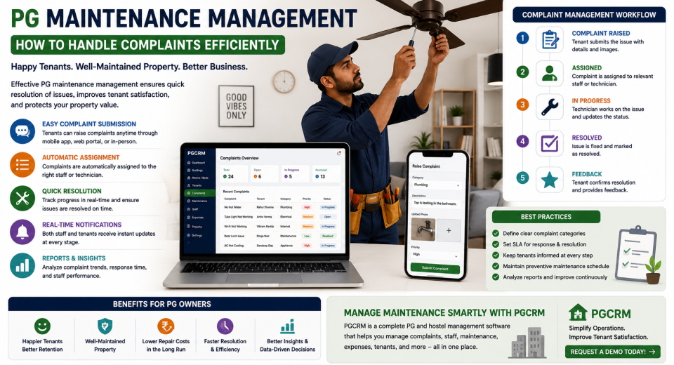 PG maintenance management system showing complaint tracking, maintenance workflow, and tenant issue resolution