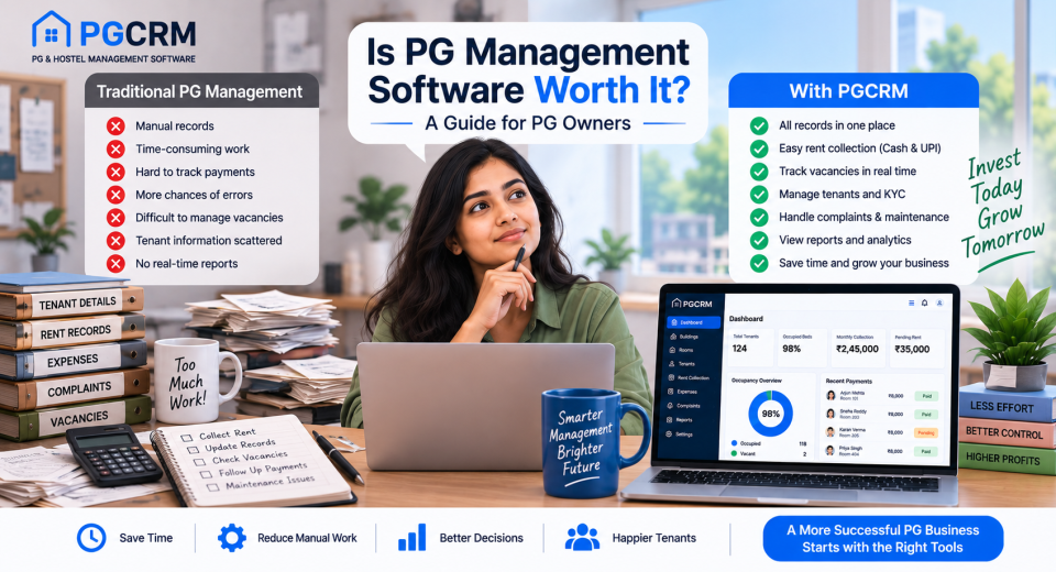 PG management software comparison showing manual PG management challenges versus the benefits of using PGCRM for tenant, rent, vacancy, and property management.