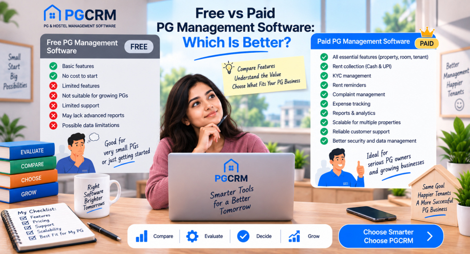 Free vs paid PG management software comparison showing differences in features, support, scalability, security, and PG business management.