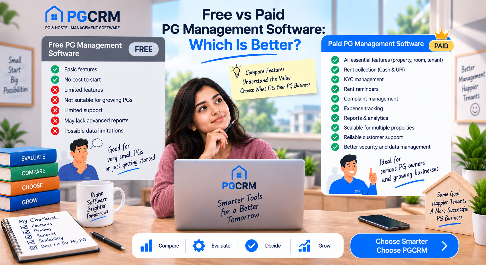 Free vs paid PG management software comparison showing differences in features, support, scalability, security, and PG business management.