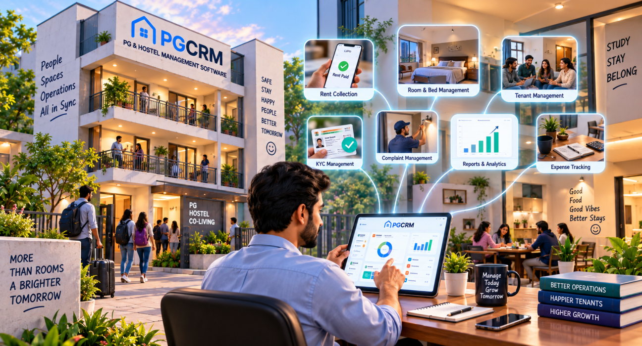 PG and hostel management technology helping owners manage rent collection, rooms and beds, tenants, KYC, complaints, expenses, and reports digitally.