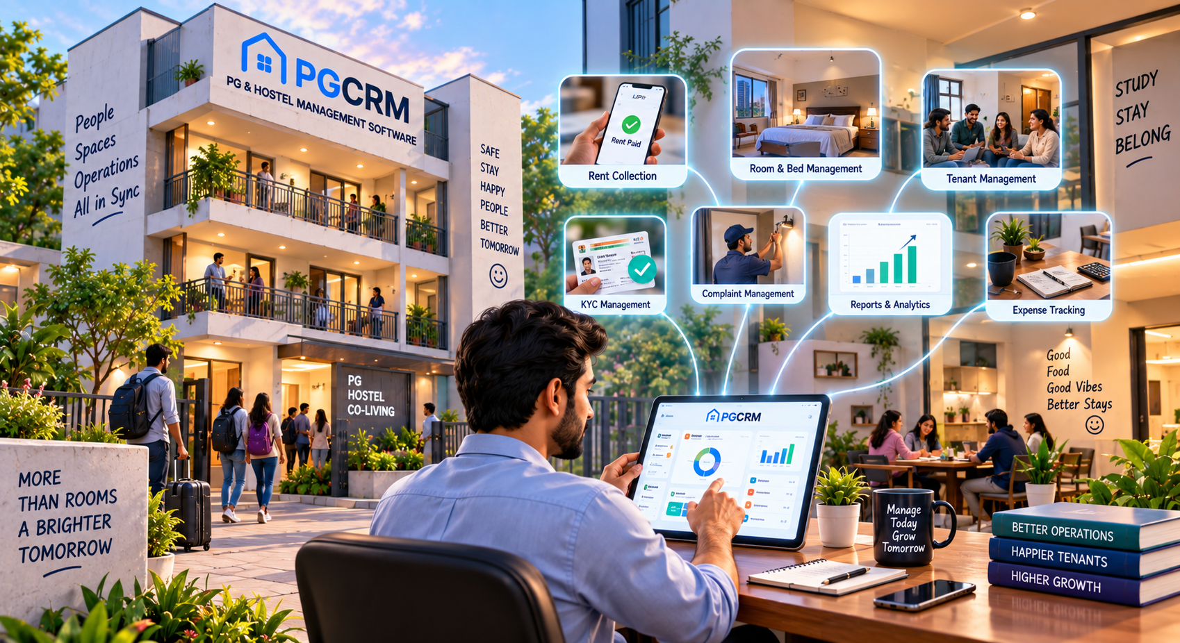 PG and hostel management technology helping owners manage rent collection, rooms and beds, tenants, KYC, complaints, expenses, and reports digitally.