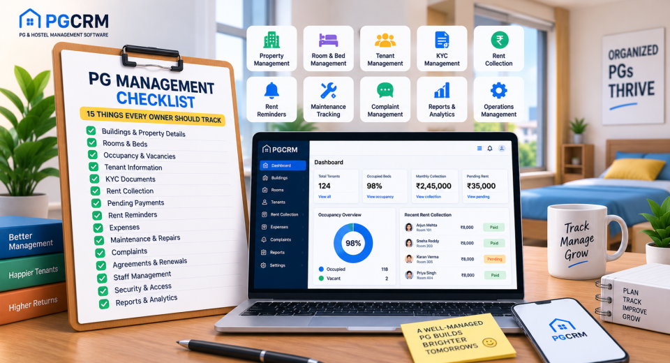 PG management checklist showing 15 key areas for PG owners to track, including tenants, rooms, beds, rent collection, KYC, occupancy, expenses, complaints, and reports.