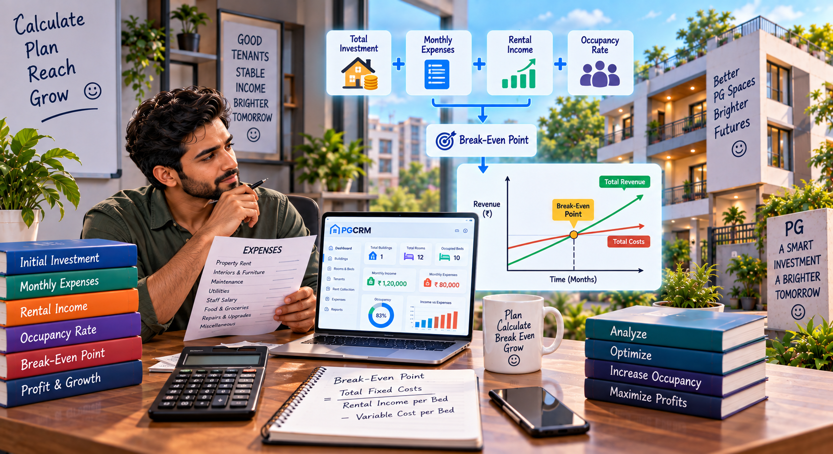 PG business break-even analysis showing investment, monthly costs, rental income, occupancy, and the revenue level needed to cover expenses.