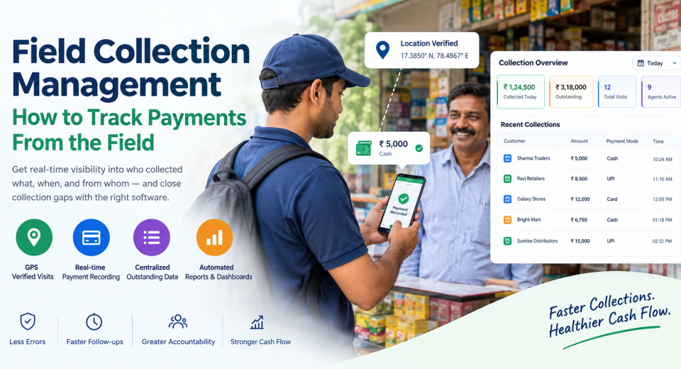 Field collection management software showing a field agent recording a customer payment with GPS verification and a real-time collection dashboard
