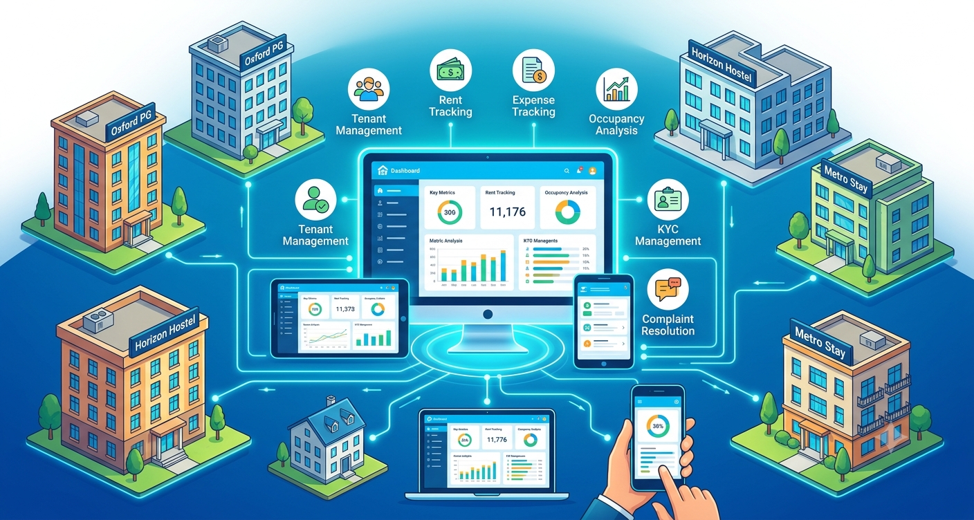 Manage multiple PG properties with centralized tenant, rent, room, occupancy, and expense tracking