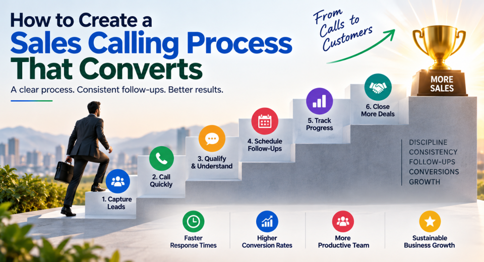 Sales calling process showing lead capture, quick calls, qualification, follow-ups, progress tracking, and closing deals