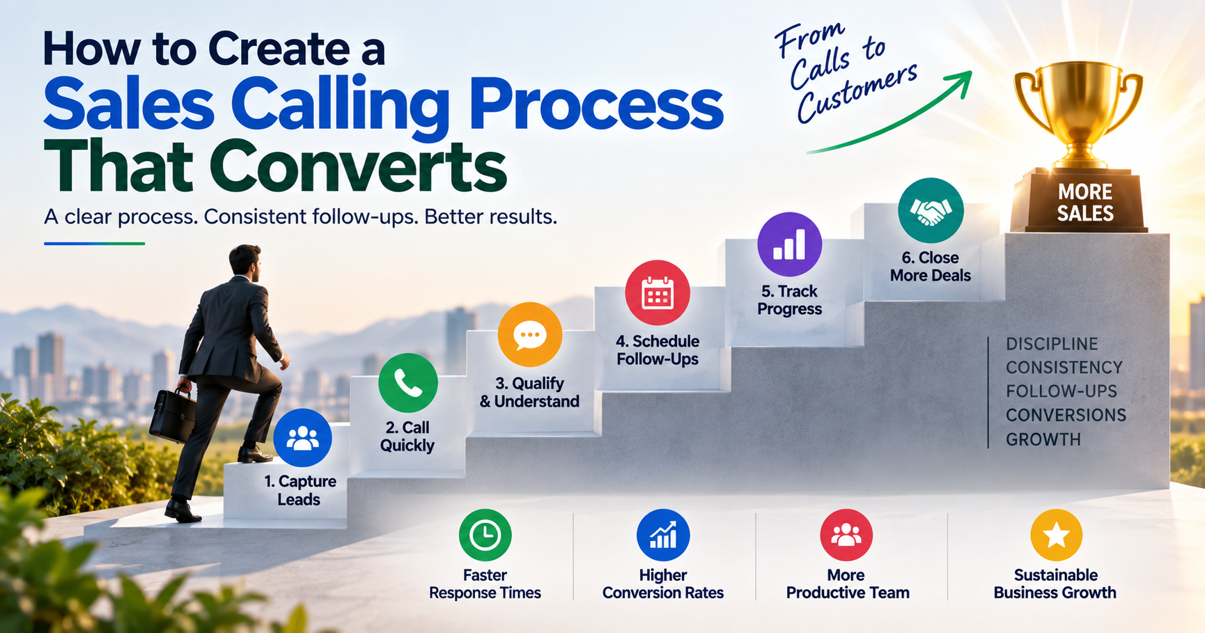Sales calling process showing lead capture, quick calls, qualification, follow-ups, progress tracking, and closing deals