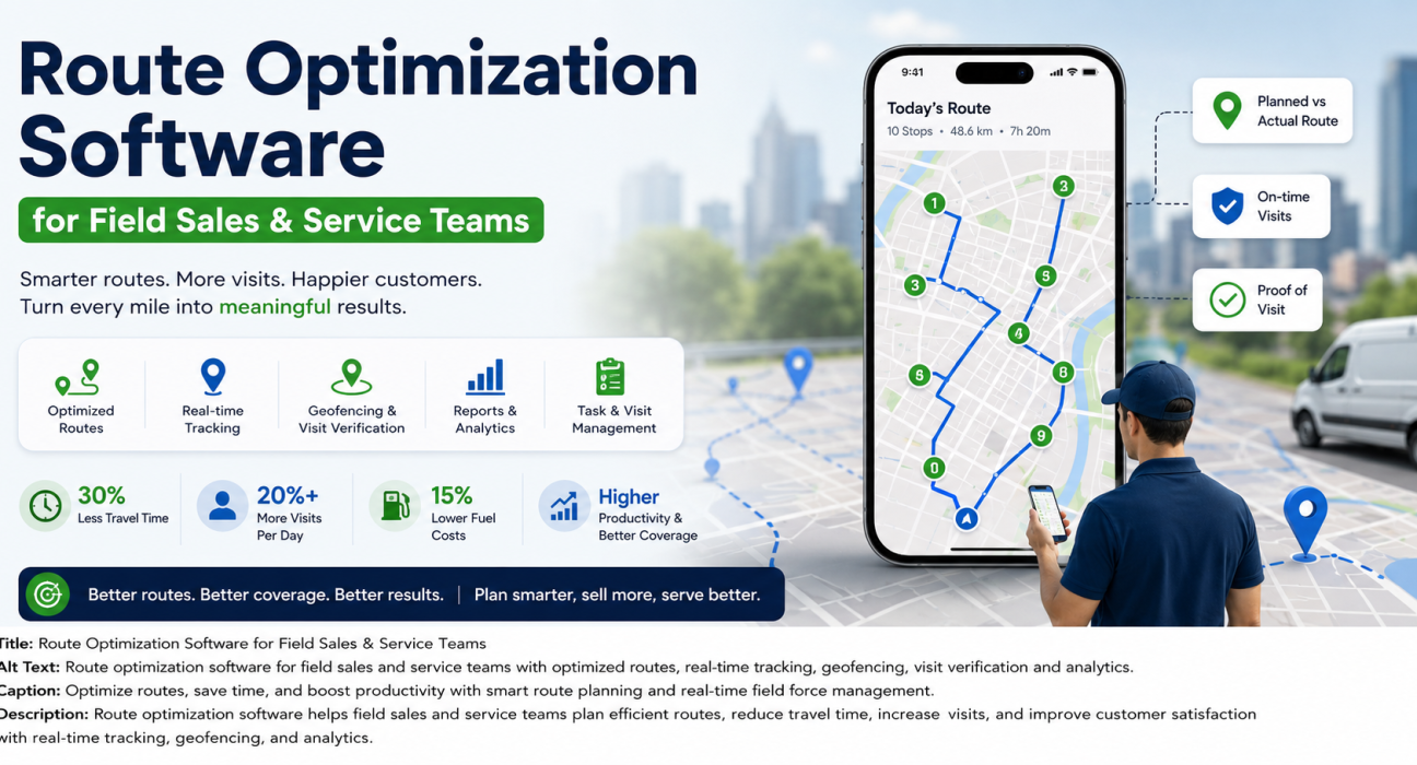 Route optimization software for field sales and service teams showing optimized routes, real-time GPS tracking, geofencing, visit verification, and route analytics.