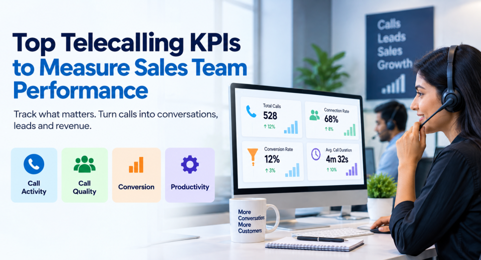 Telecalling KPI dashboard showing call activity, connection rate, conversion rate, and sales team productivity