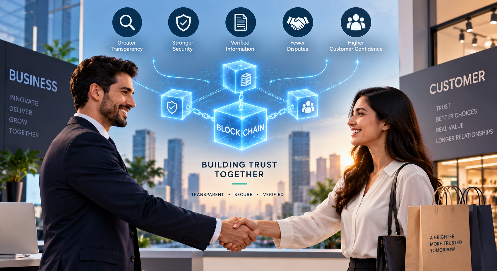 Illustration of blockchain technology connecting businesses and customers to build transparency, security, and trust.
