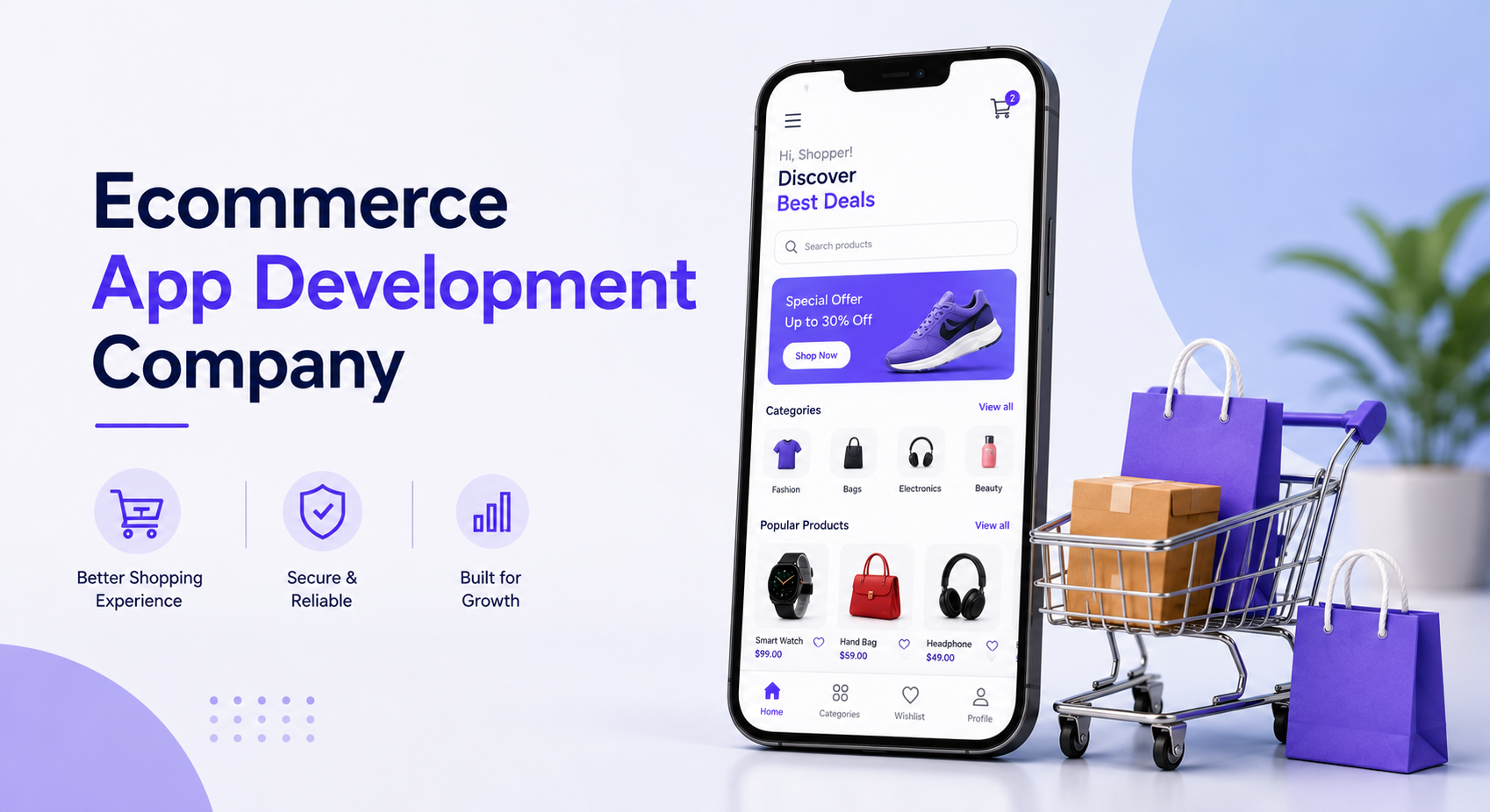 Ecommerce app development company showcasing a mobile shopping app and online store features