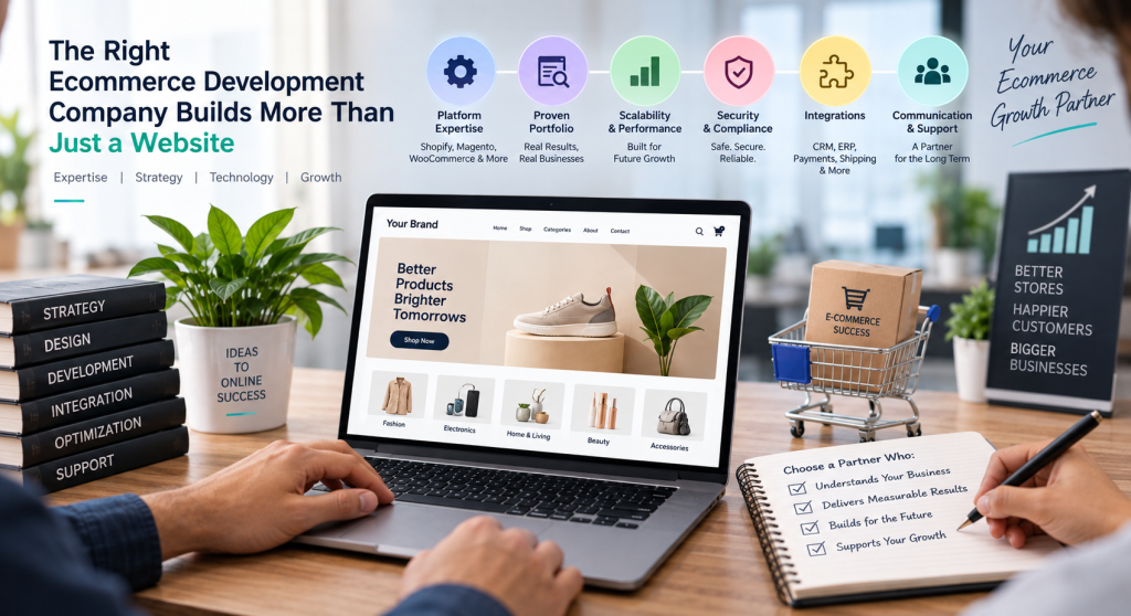 Business team evaluating an ecommerce development company based on expertise, scalability, security, integrations, and support.