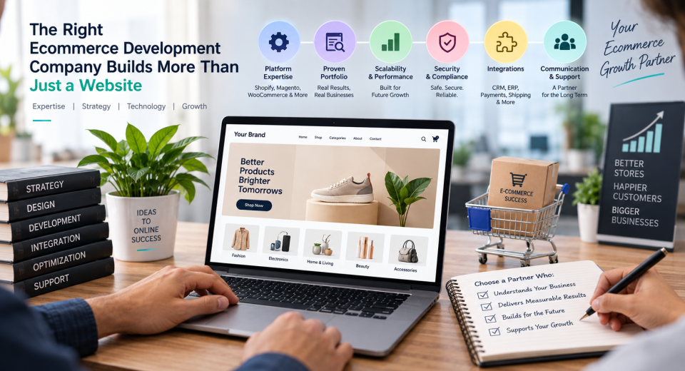 Business team evaluating an ecommerce development company based on expertise, scalability, security, integrations, and support.