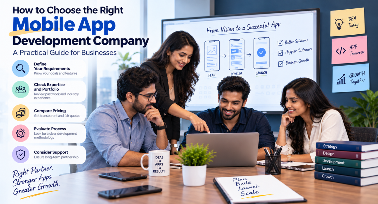 Business team evaluating a mobile app development company based on expertise, portfolio, pricing, process, and support
