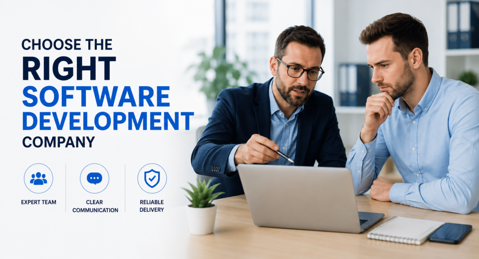 Business team evaluating and comparing custom software development companies during a vendor selection meeting