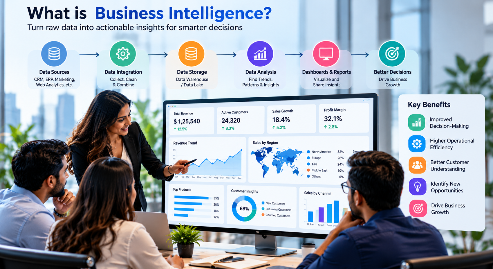Business intelligence workflow showing data sources, analysis, dashboards, and better decisions
