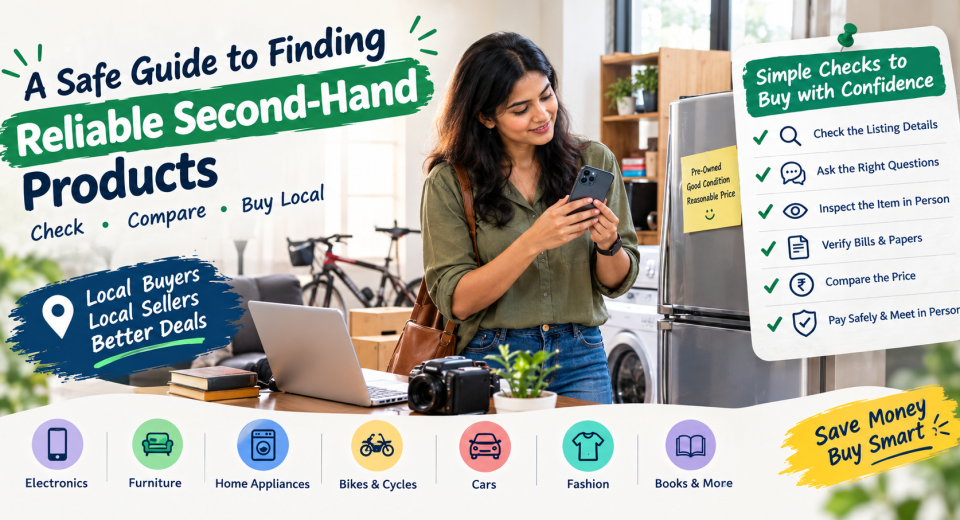 A woman checking a smartphone while shopping for reliable second-hand products, with safety tips for buying locally.