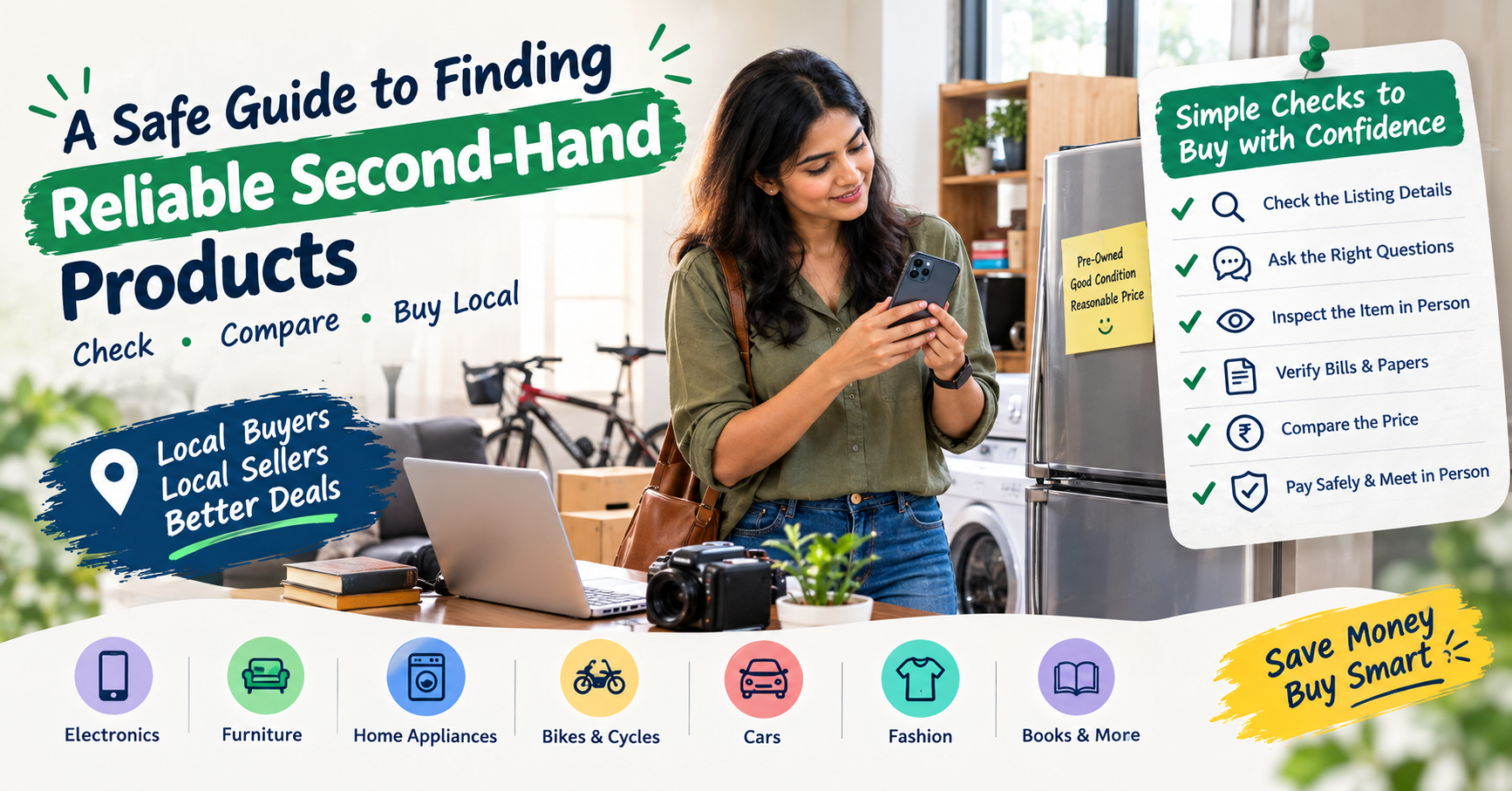 A woman checking a smartphone while shopping for reliable second-hand products, with safety tips for buying locally.