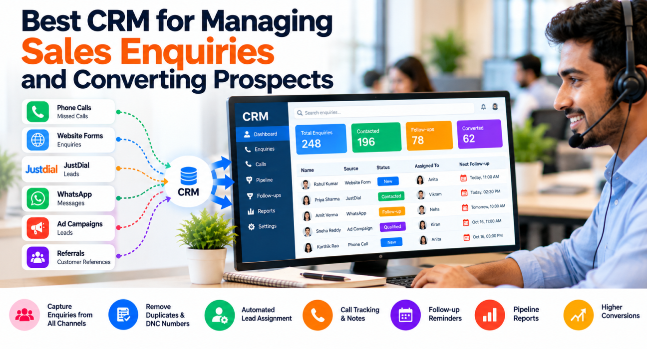 CRM software dashboard for managing sales enquiries, tracking leads, automating follow-ups, and converting prospects into customers.