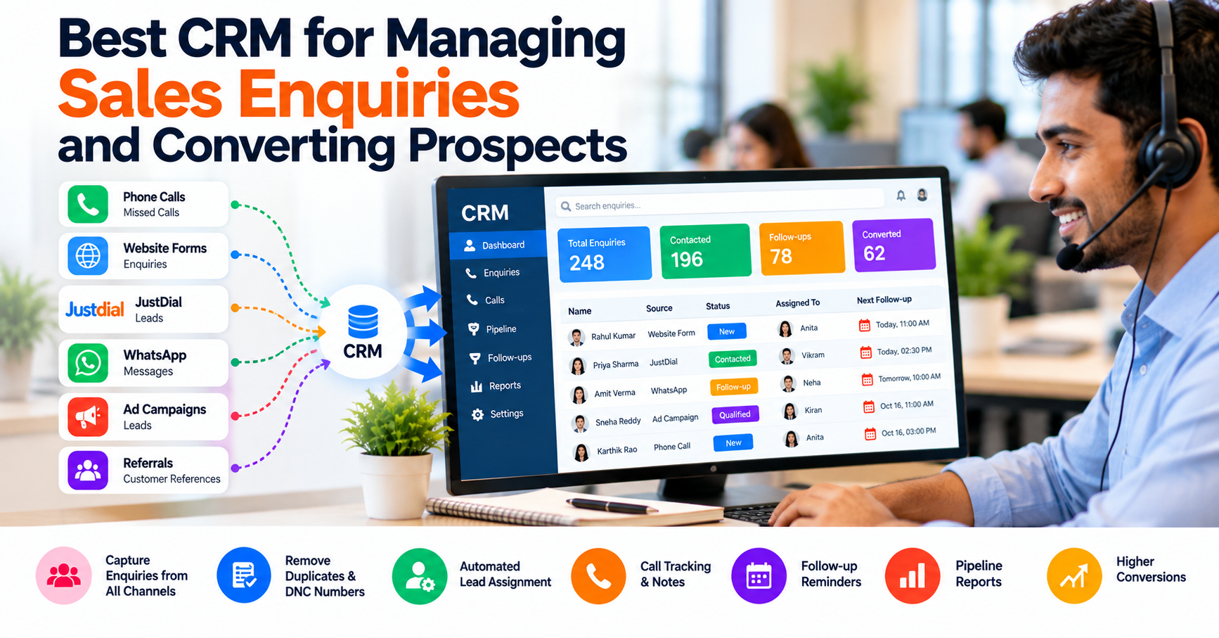 CRM software dashboard for managing sales enquiries, tracking leads, automating follow-ups, and converting prospects into customers.