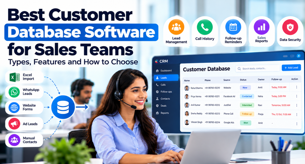 Customer database software for sales teams with a CRM dashboard for lead management, call history, follow-up reminders, sales reports, and data security.