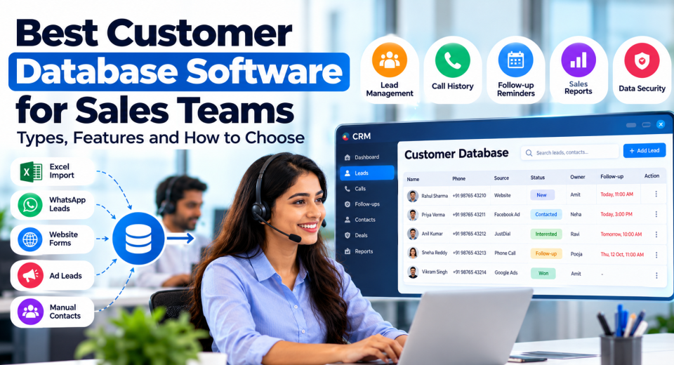 Customer database software for sales teams with a CRM dashboard for lead management, call history, follow-up reminders, sales reports, and data security.