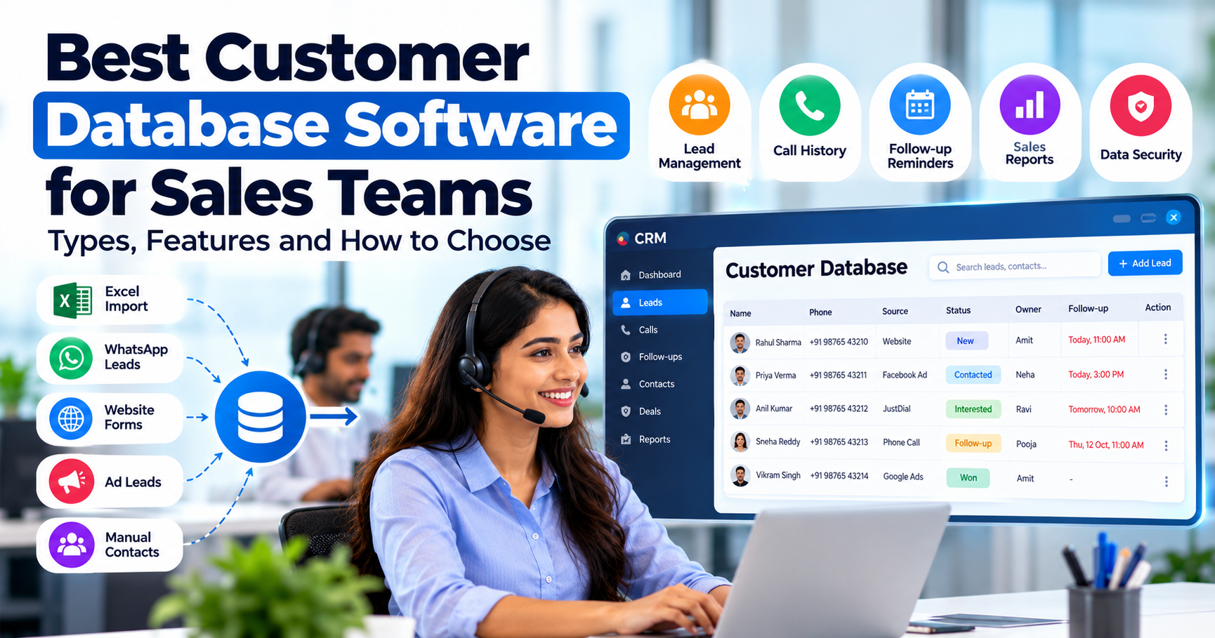 Customer database software for sales teams with a CRM dashboard for lead management, call history, follow-up reminders, sales reports, and data security.