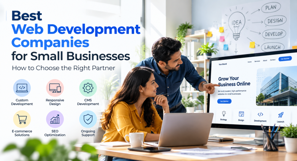 Small business team reviewing website designs and choosing a web development company