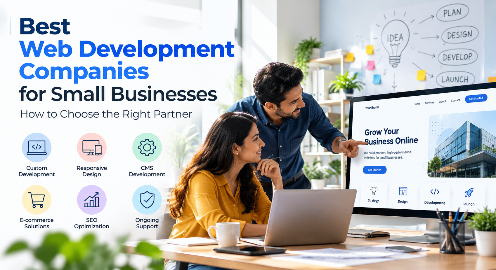 Small business team reviewing website designs and choosing a web development company