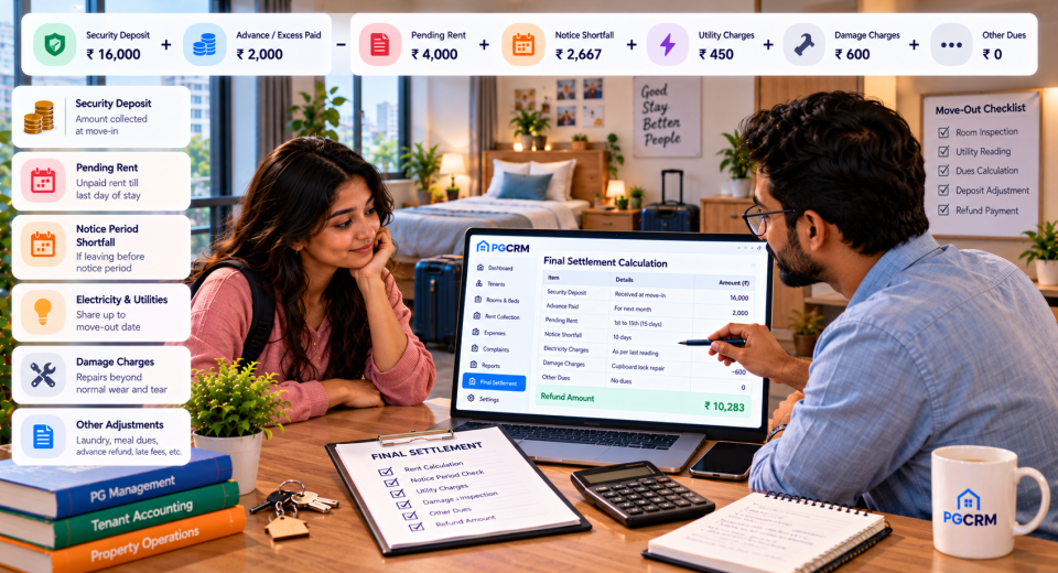 PG final settlement calculation showing security deposit, pending rent, notice shortfall, utility charges, damage deductions, and tenant refund.