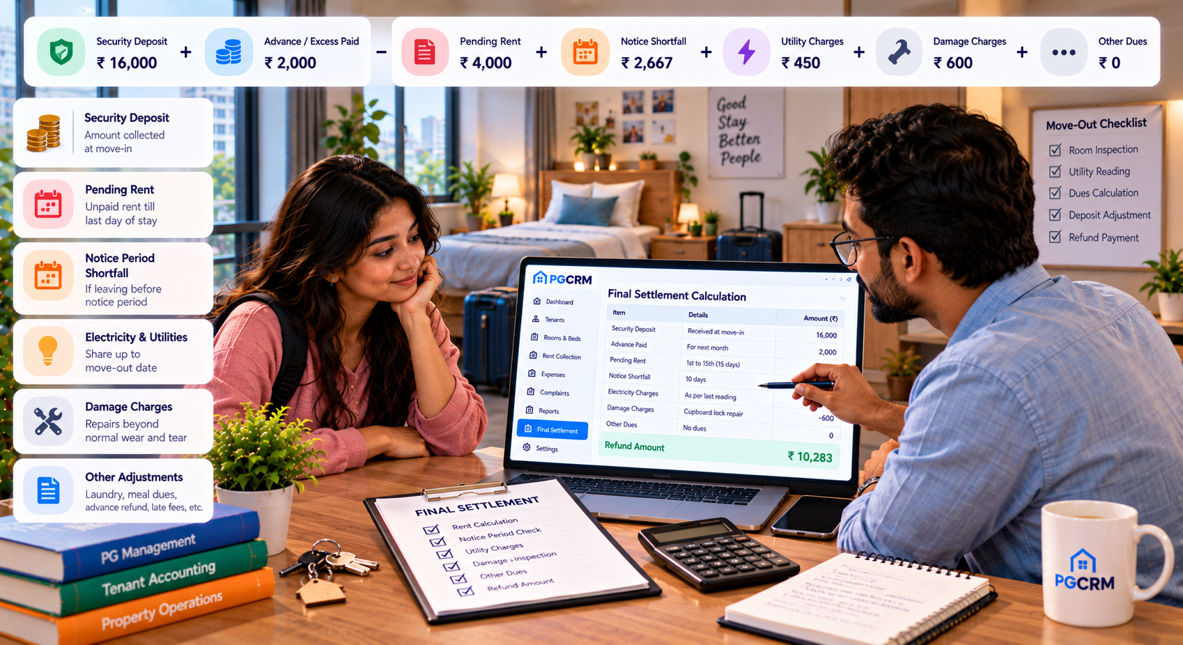 PG final settlement calculation showing security deposit, pending rent, notice shortfall, utility charges, damage deductions, and tenant refund.