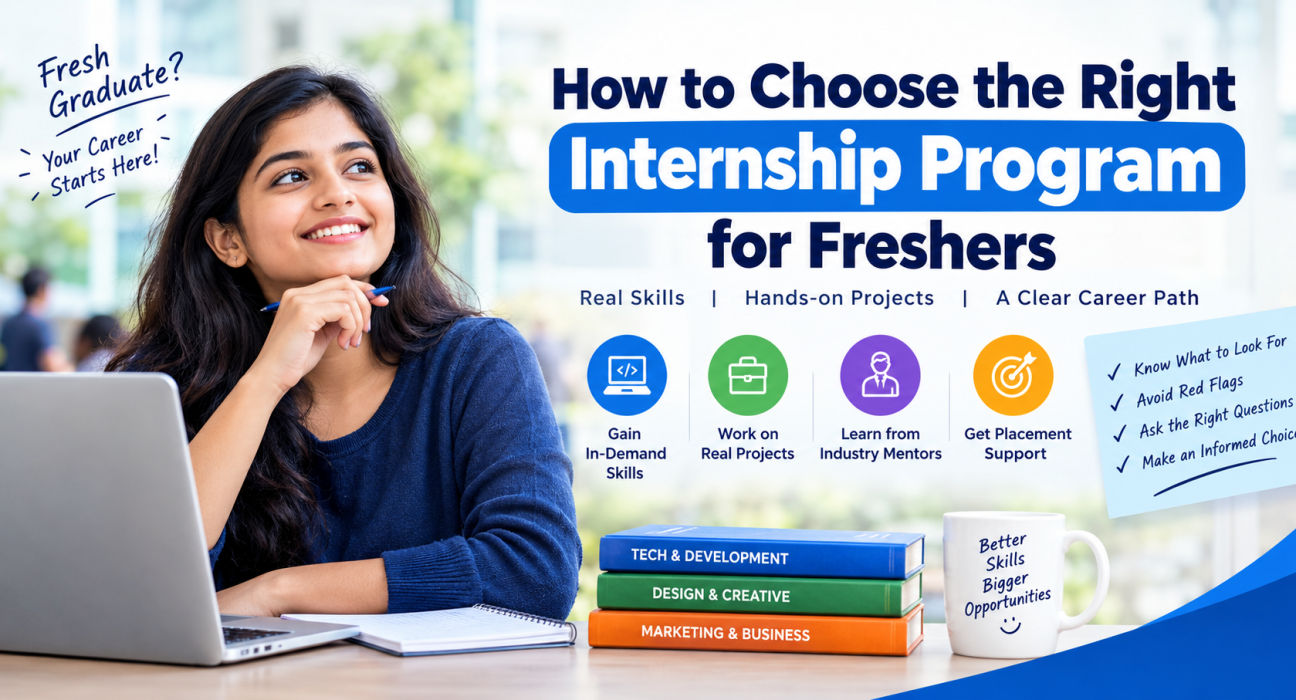 A fresh graduate exploring how to choose the right internship program for freshers, focusing on in-demand skills, real projects, industry mentorship, and placement support.