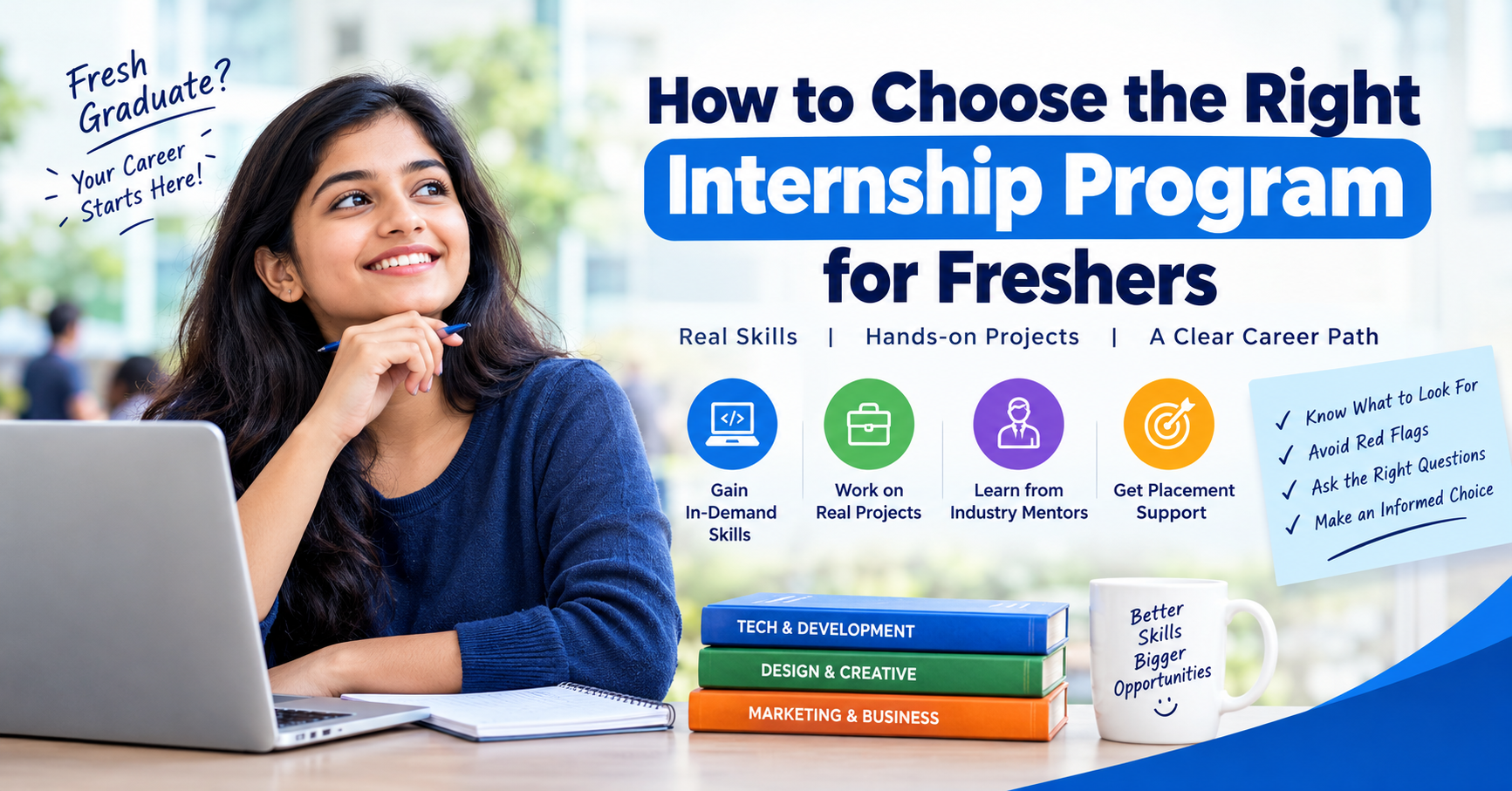 A fresh graduate exploring how to choose the right internship program for freshers, focusing on in-demand skills, real projects, industry mentorship, and placement support.