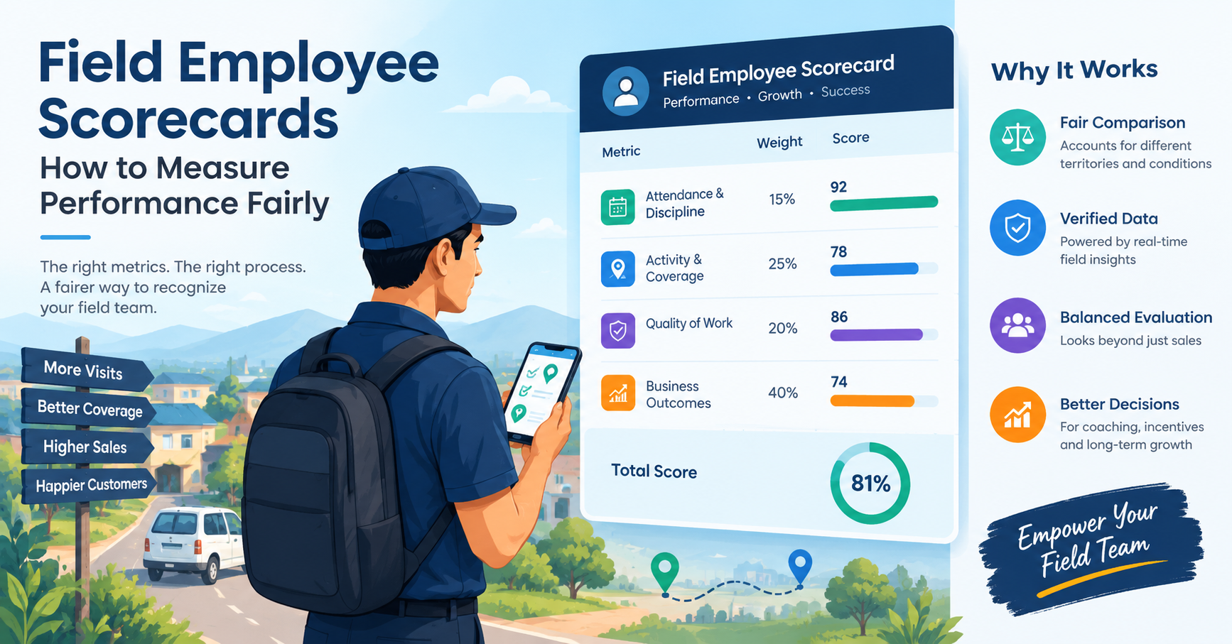 Field employee scorecard for measuring field team performance fairly