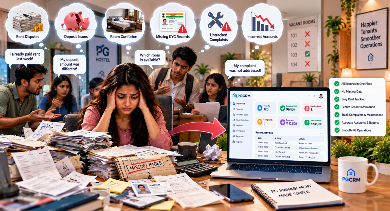 PG record management showing lost rent, deposit, room, tenant, complaint, and expense records alongside organized digital PG management.