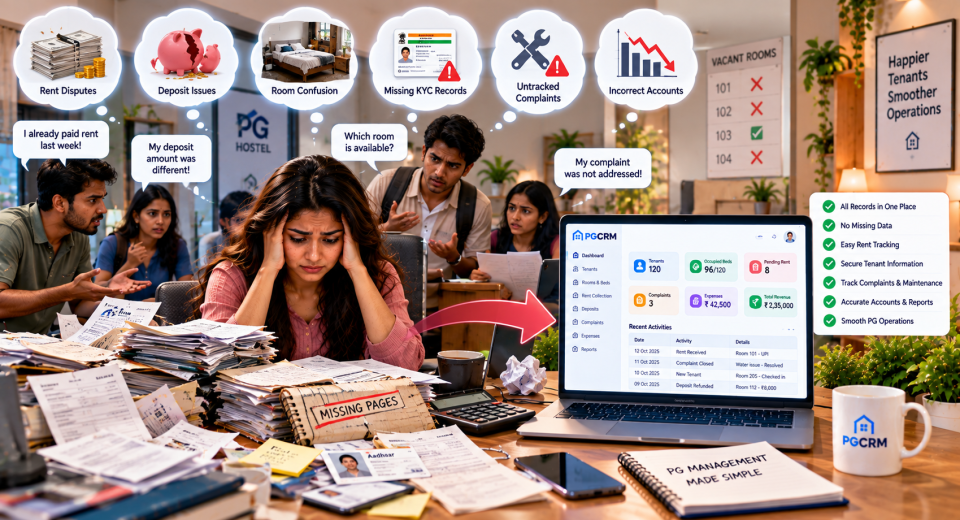 PG record management showing lost rent, deposit, room, tenant, complaint, and expense records alongside organized digital PG management.