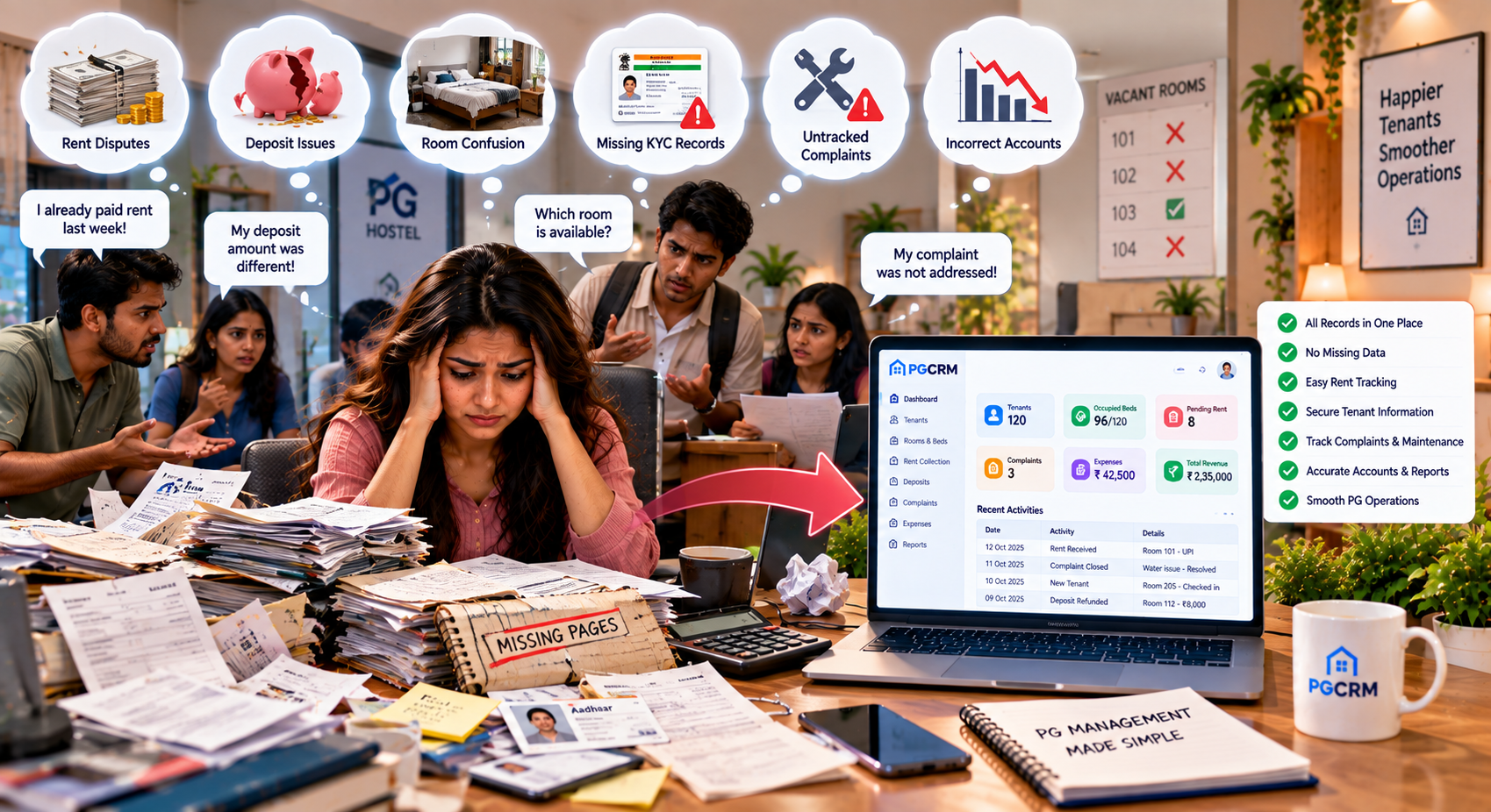 PG record management showing lost rent, deposit, room, tenant, complaint, and expense records alongside organized digital PG management.