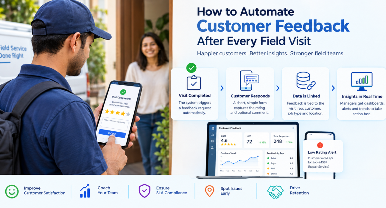 Field service technician using a mobile device to collect customer feedback after a visit, with automated feedback workflows and real-time customer satisfaction analytics.