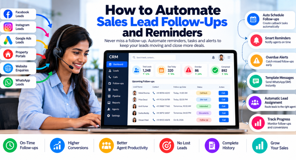 CRM dashboard showing automated sales lead follow-ups, callback scheduling, reminders, overdue alerts, template messages, lead assignment, and follow-up tracking.