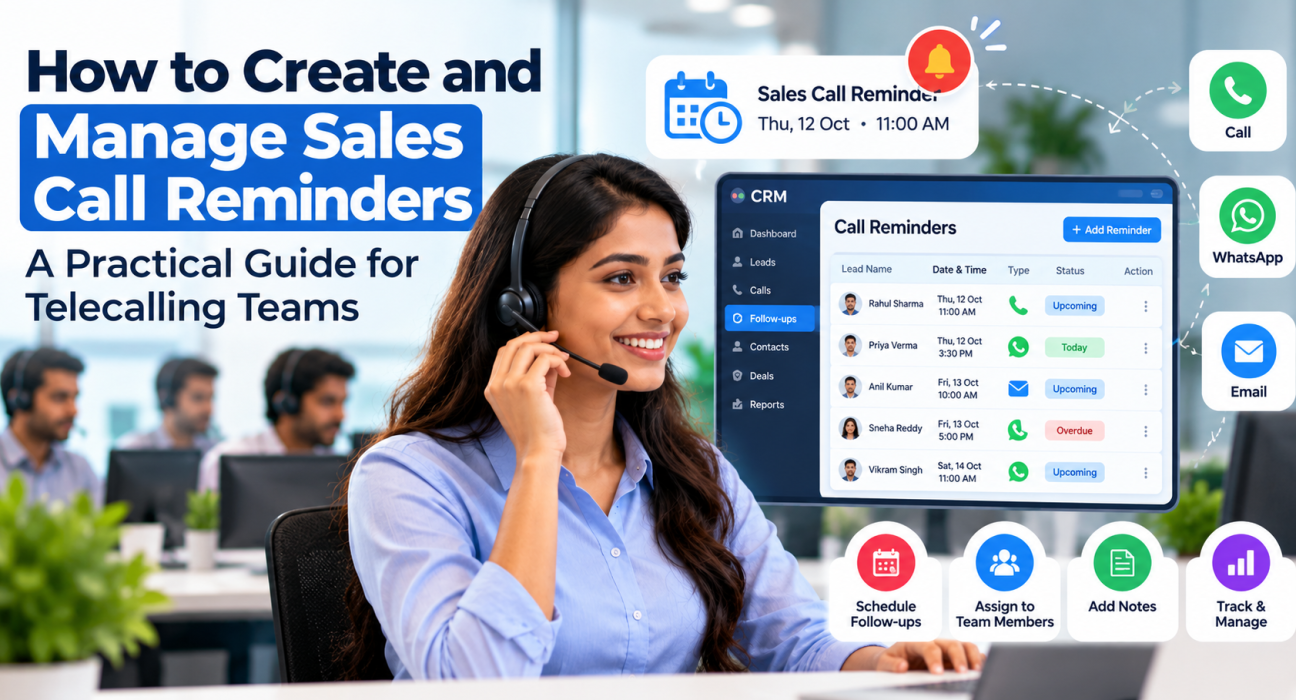 Sales call reminders in a CRM dashboard showing scheduled follow-ups, upcoming calls, overdue reminders, and telecalling team management.