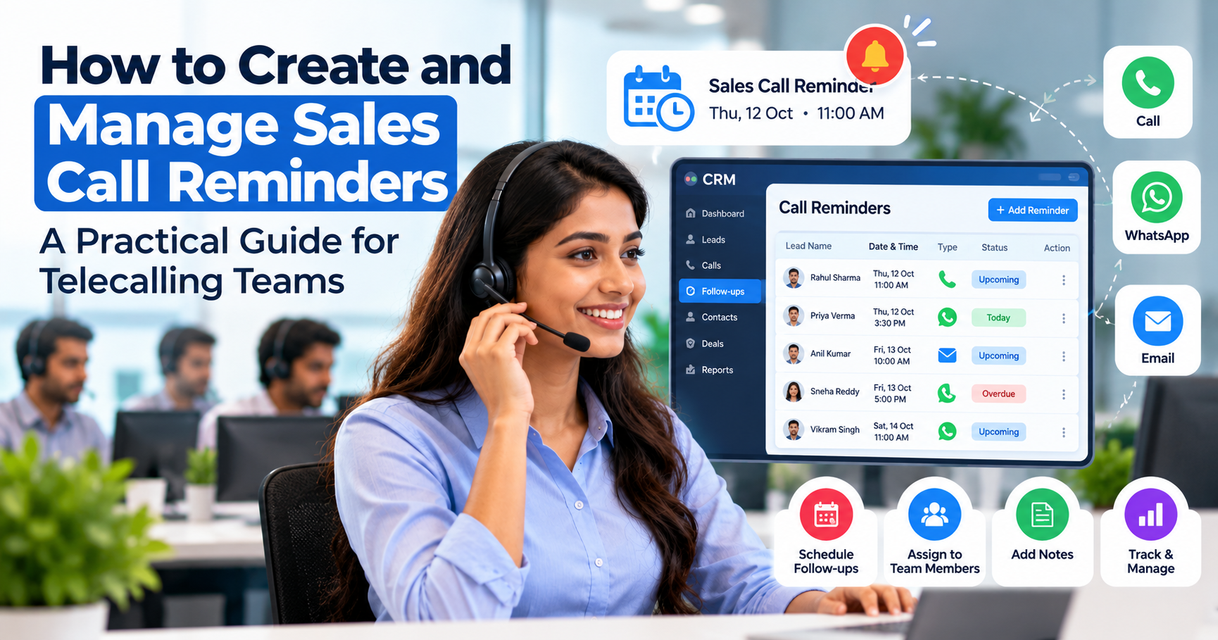 Sales call reminders in a CRM dashboard showing scheduled follow-ups, upcoming calls, overdue reminders, and telecalling team management.