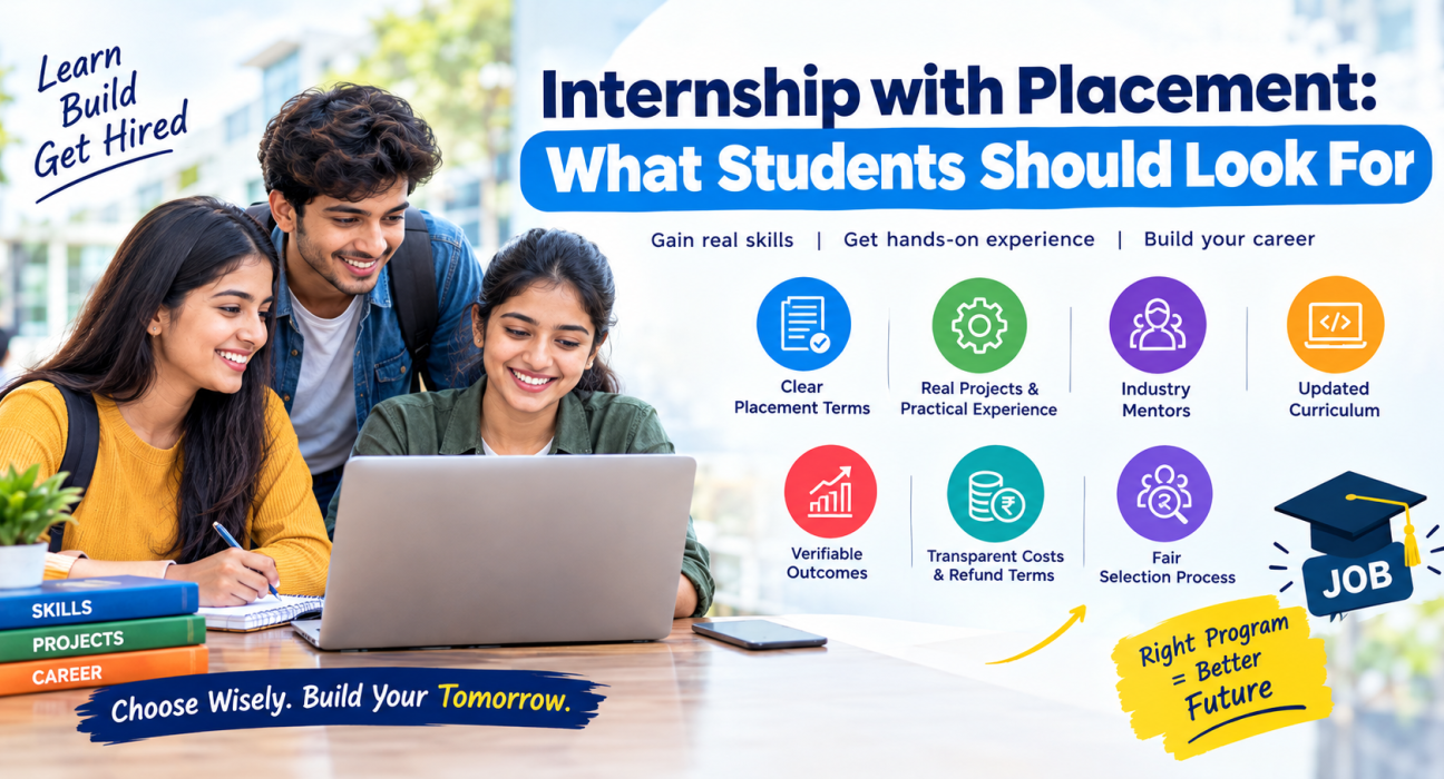 Internship with Students exploring an internship with placement program, focusing on practical projects, industry mentors, updated curriculum, transparent fees, and career opportunities.