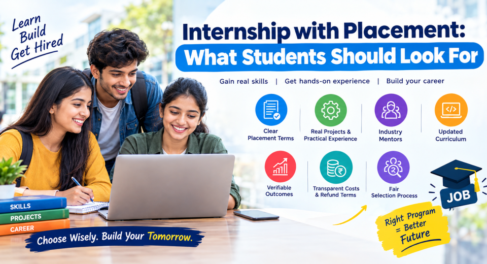 Internship with Students exploring an internship with placement program, focusing on practical projects, industry mentors, updated curriculum, transparent fees, and career opportunities.
