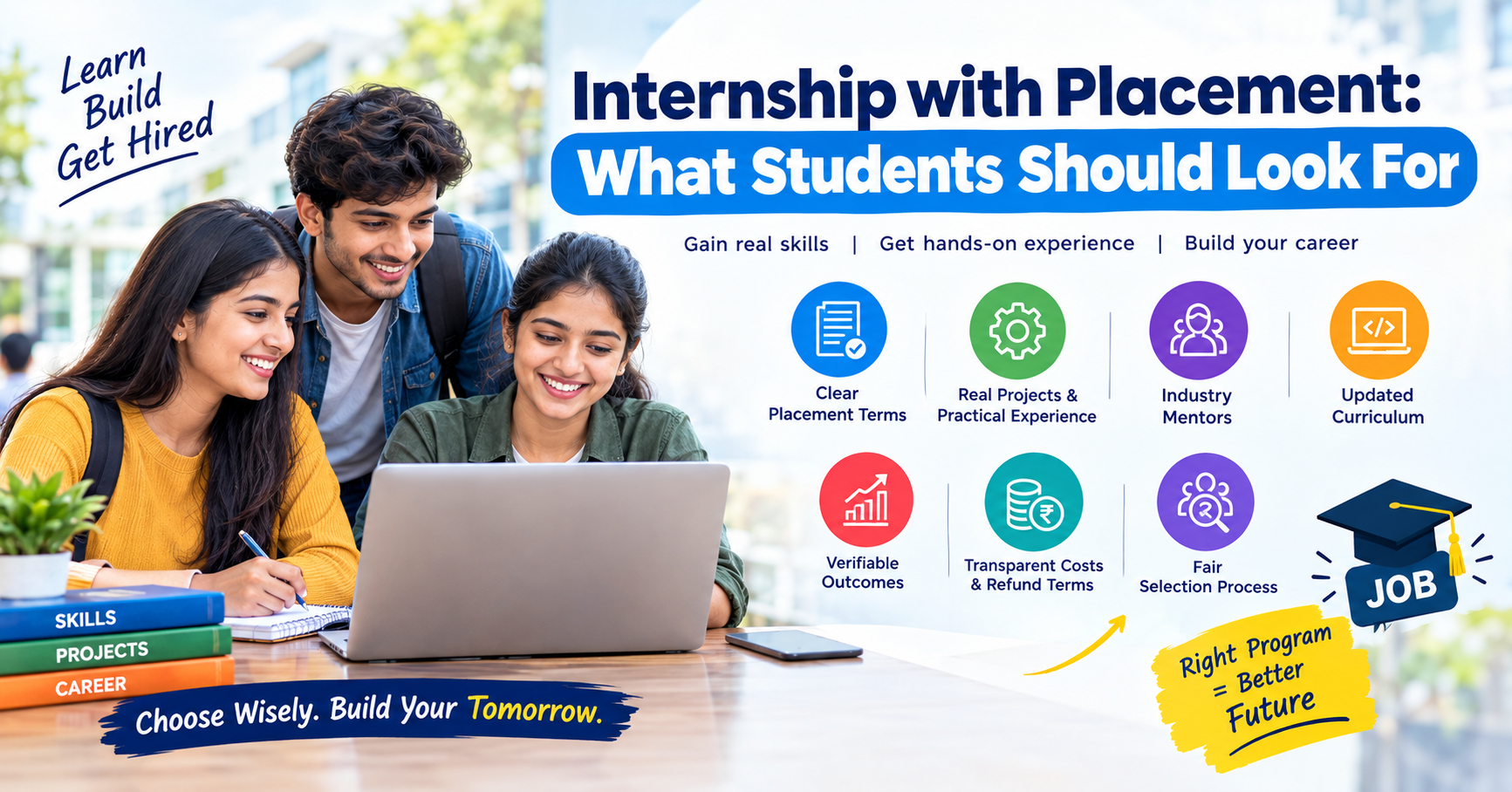 Internship with Students exploring an internship with placement program, focusing on practical projects, industry mentors, updated curriculum, transparent fees, and career opportunities.