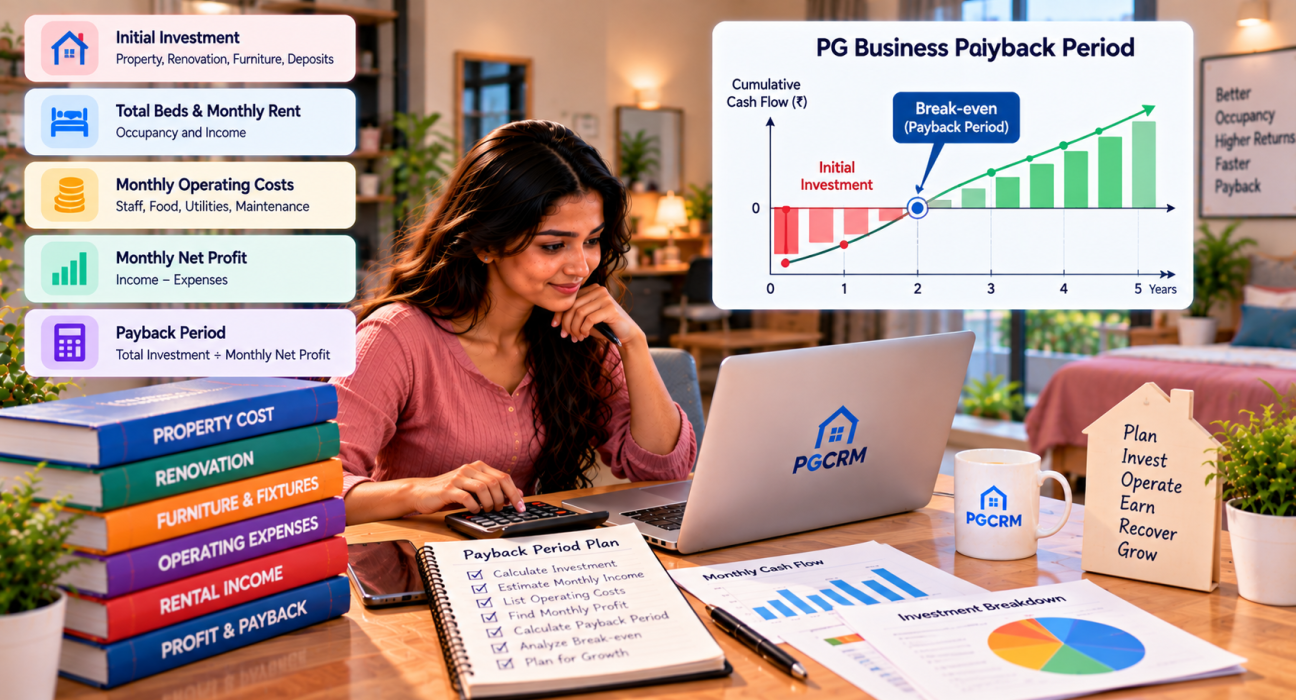 PG business payback period showing a property owner evaluating investment costs, rental income, operating expenses, and profit.