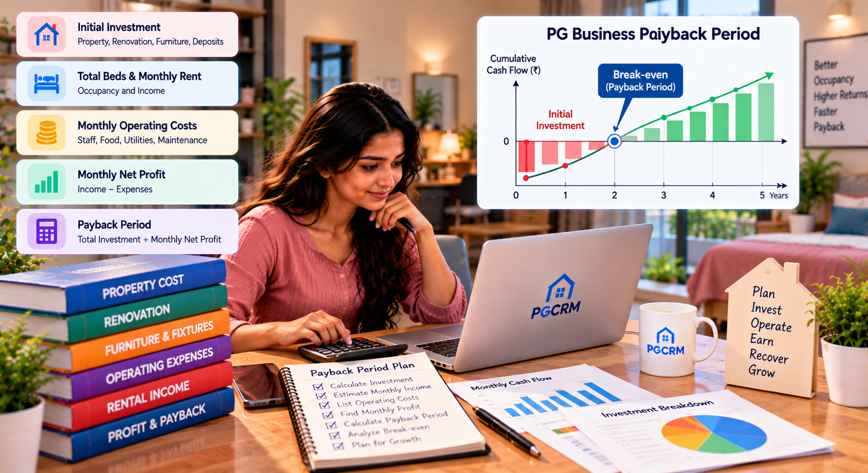 PG business payback period showing a property owner evaluating investment costs, rental income, operating expenses, and profit.